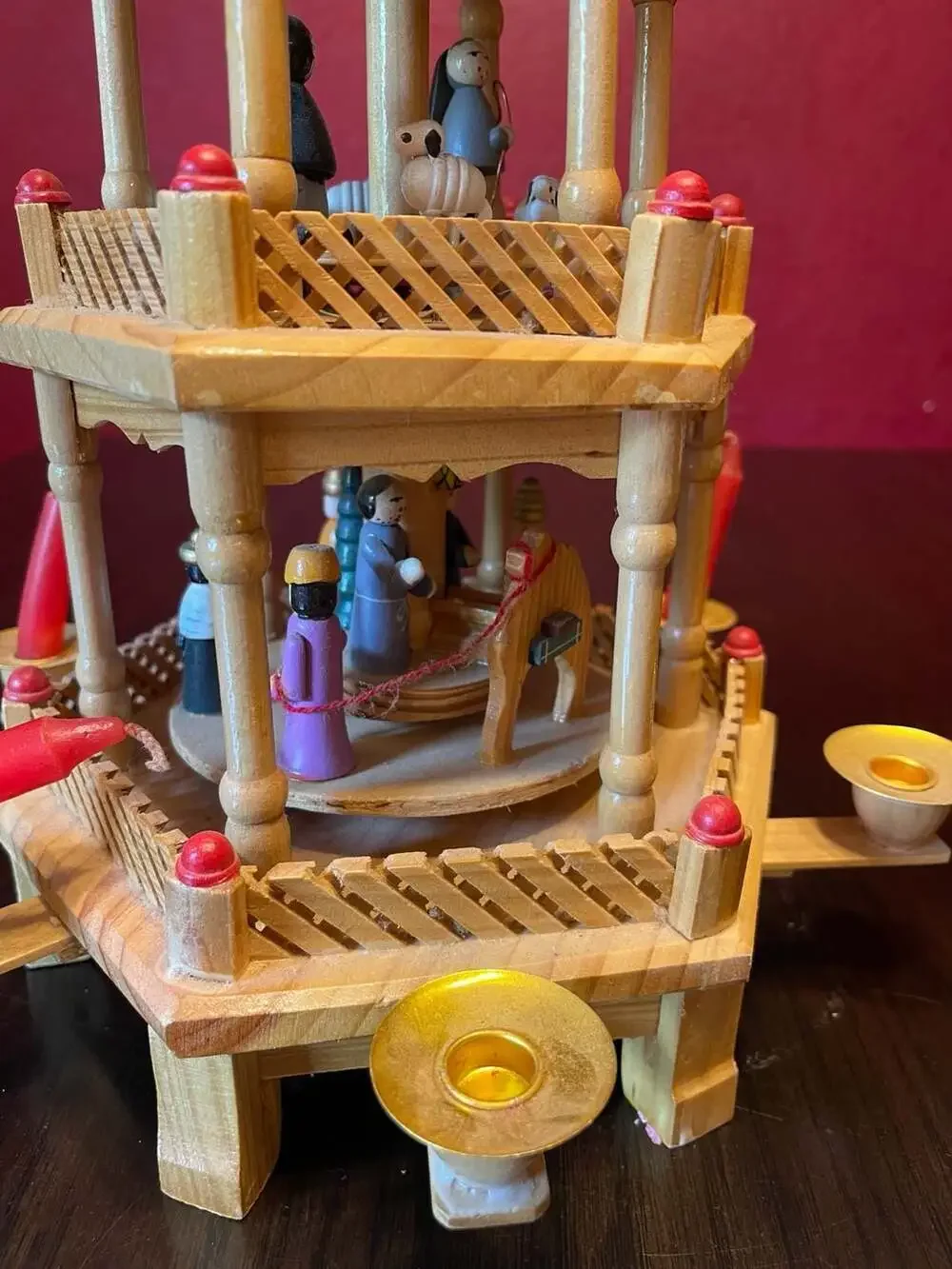 Vintage Lillie Vernon Three-Tier Wooden Christmas Pyramid Nativity Carousel